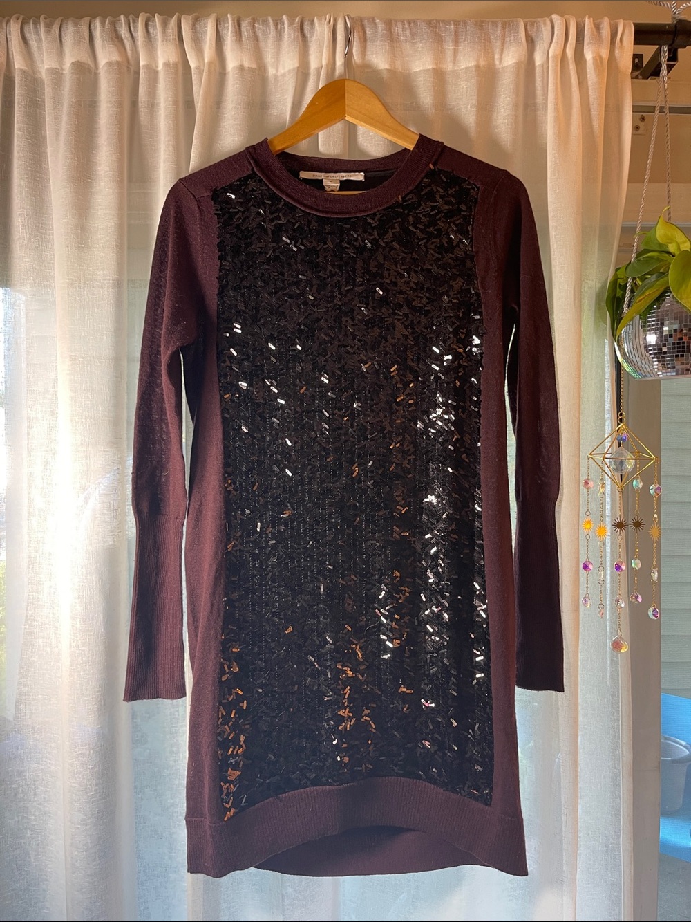 Diane Von Furstenberg Wine Long Sleeve Sequin Front Dress